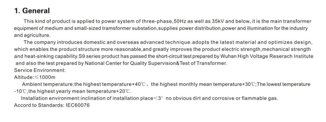 S9 35kv Oil Immersed Non-Excitation Tap-Changing Power Transformer; ISO9001 Passed High Voltage Power Transformer