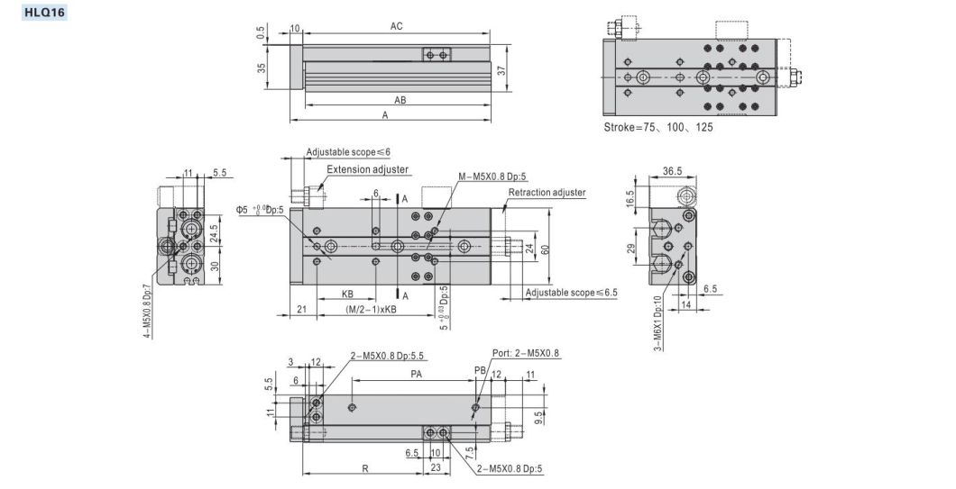 Hlq20-10/20/30/40/50/75/100/125 Stroke Air Slide Table, Hlq Series Alluminum Alloy Air Slide Tabe Cylinder, Pneumatic Slide Table Cylinder