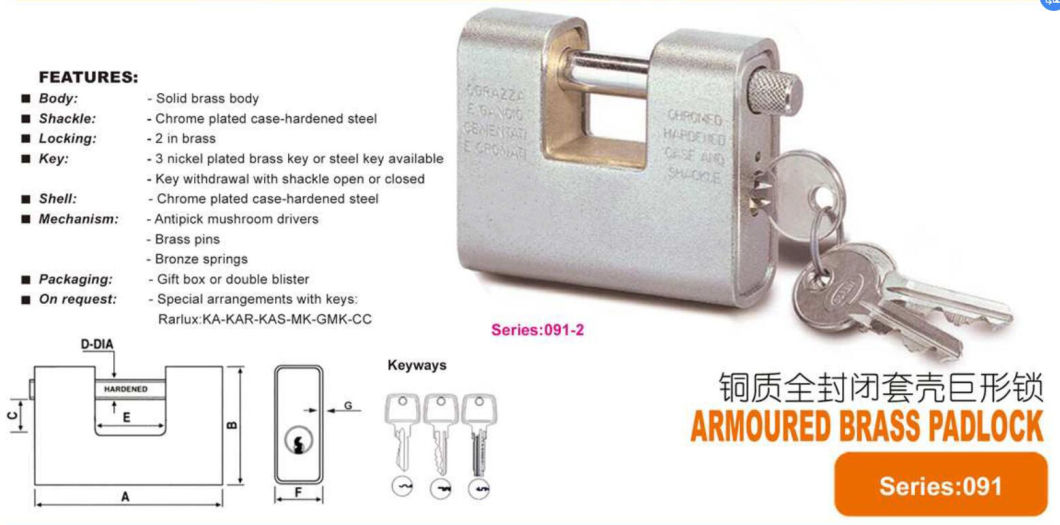 GS0091 Armoured Brass Padlock, High Quality Brass Padlock, Top Security Brass Padlock, ISO9001 Passed Brass Padlock