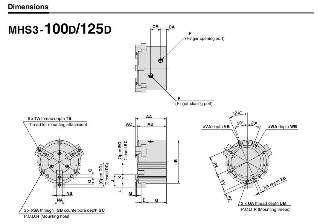Mhs4-16/20/25/32/40/50/63/80/100/125/D Pneumatic Air Gripper, Mhs4 Series Pneumatic Parallel Type Air Gripper Cylinder, Mhs2-16air Chuck