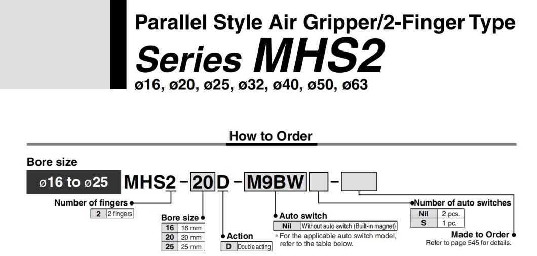 Mhs2-16/20/25/32/40/50/63/80/100/125/D Pneumatic Air Gripper, Mhs2 Series Pneumatic Parallel Type Air Gripper Cylinder, Mhs2-16air Chuck