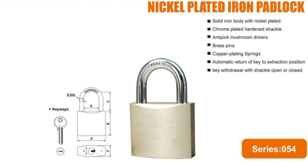 GS0054 Nickle Plated Iron Padlock, High Quality Iron Padlock, ISO9001 Passed Chrome Plated Padlock, Padlock