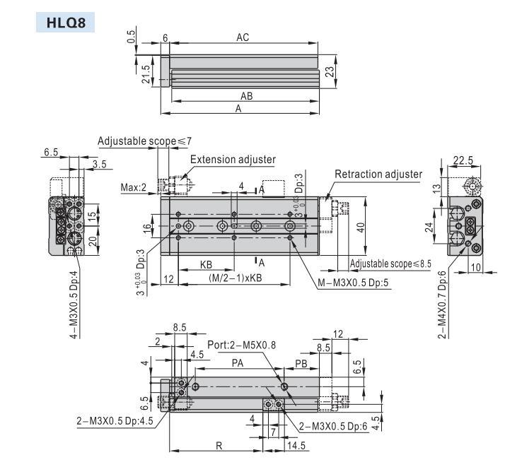 Hlq8-10/20/30/40/50/75stroke Air Slide Table, Hlq Series Alluminum Alloy Air Slide Tabe Cylinder, Pneumatic Slide Table Cylinder