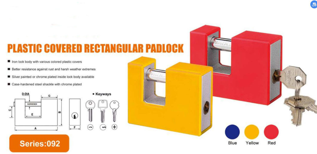 GS00192 Plastic Covered Retangular Painted Iron Padlock, High Quality Iron Padlock, ISO9001 Passed Iron Padlock, Plastic Covered Disc Iron Padlock