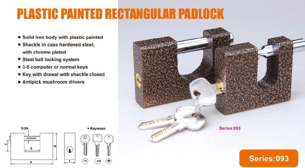 GS0093 Plastic Covered Retangular Painted Iron Padlock, High Quality Iron Padlock, ISO9001 Passed Iron Padlock, Plastic Covered Disc Iron Padlock