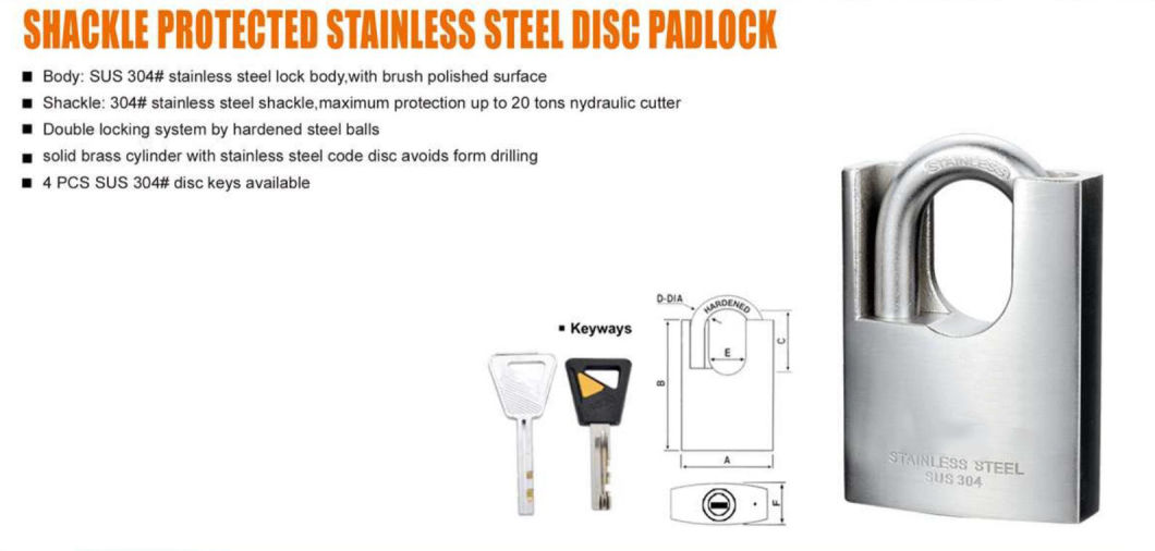 GS0770 Shackle Protected Stainless Steel Padlock with Disc Key, High Quality Stainless Stainless Steel Padlock, ISO9001 Passed Stainless Steel Padlock,