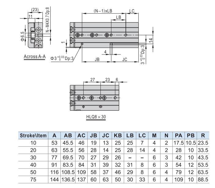 Hlq8-10/20/30/40/50/75stroke Air Slide Table, Hlq Series Alluminum Alloy Air Slide Tabe Cylinder, Pneumatic Slide Table Cylinder
