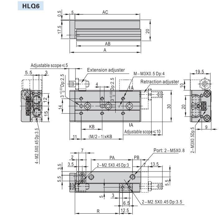 Hlq6-10/20/30/40/50 Stroke Air Slide Table, Hlq Series Alluminum Alloy Air Slide Tabe Cylinder, Pneumatic Slide Table Cylinder
