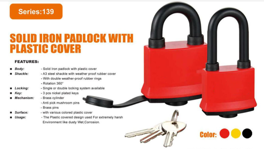 GS0139 Solid Iron Padlock with Plastic Cover, High Quality Iron Padlock, ISO9001 Passed Iron Padlock, Safety Iron Padlock, Water Proof Iron Padlock