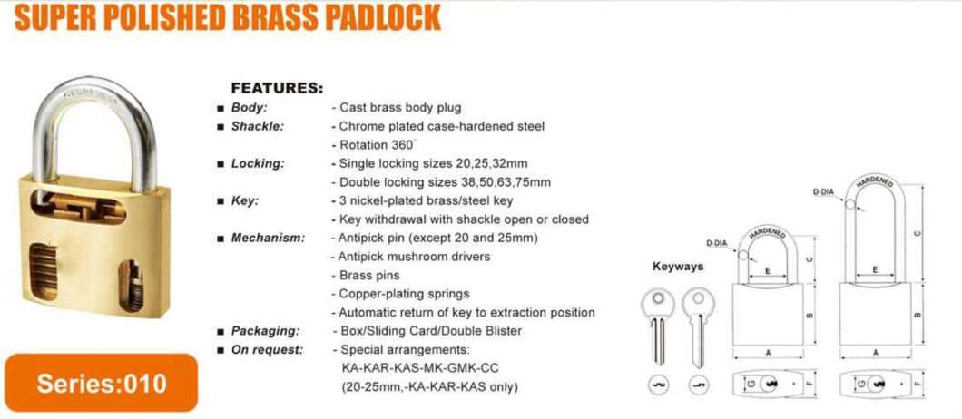 GS0010 Brass Padlock, High Quality Brass Padlock, Top Security Brass Padlock, ISO9001 Passed Brass Padlock