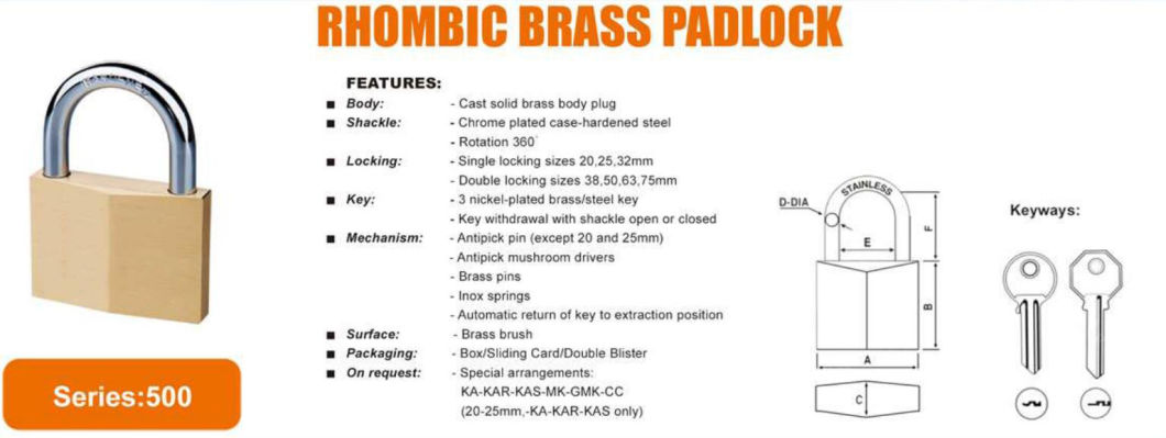 GS0500 Rhombic Brass Padlock, High Quality Brass Padlock, Top Security Brass Padlock, ISO9001 Passed Brass Padlock