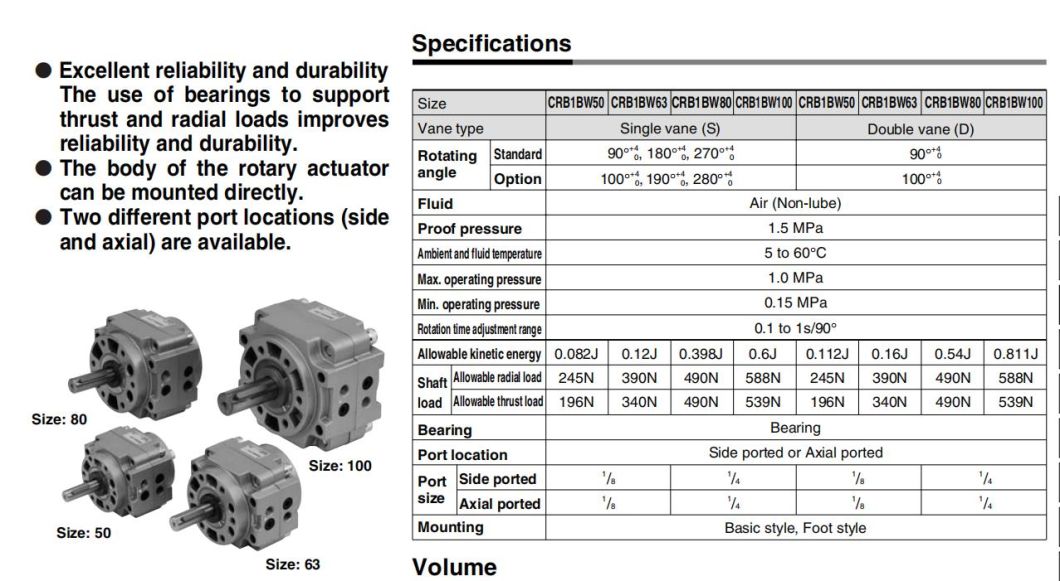 Cdrb1bw80-90/180/270s/E Rotary Actuator Cylinder; Cdrb1bw Series Vane Style Rotary Actuator Cylinder