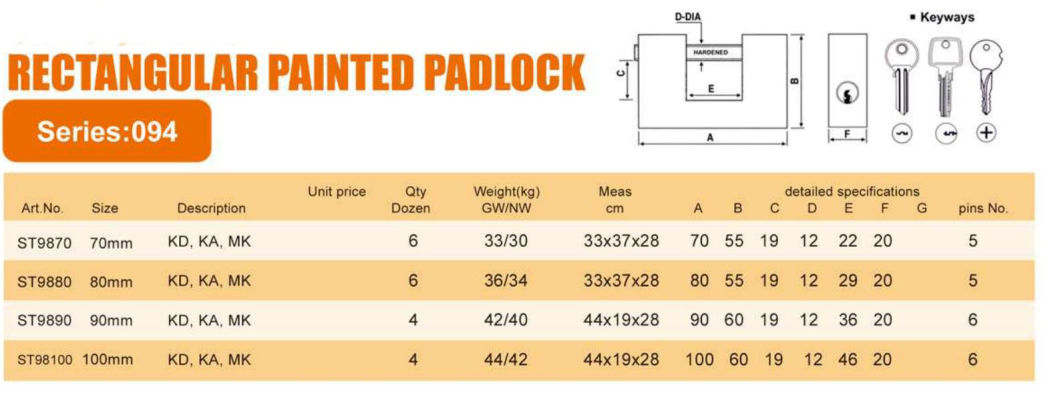 GS0094 Retangular Painted Iron Padlock, High Quality Iron Padlock, ISO9001 Passed Iron Padlock, Chrome Plated Disc Iron Padlock