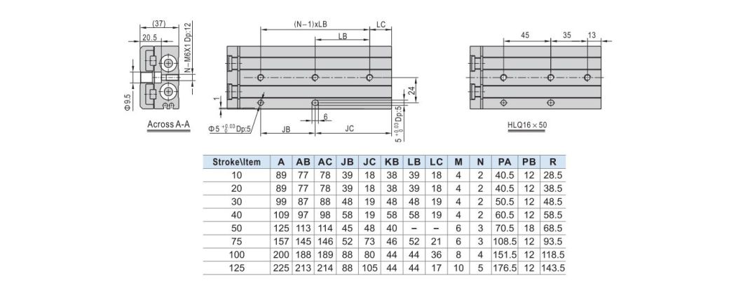 Hlq25-10/20/30/40/50/75/100/125 Stroke Air Slide Table, Hlq Series Alluminum Alloy Air Slide Tabe Cylinder, Pneumatic Slide Table Cylinder
