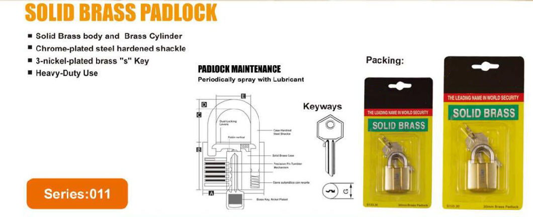 GS0011 Solid Brass Padlock, High Quality Brass Padlock, Top Security Brass Padlock, ISO9001 Passed Brass Padlock