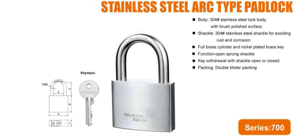 GS0700 Arc Type Stainless Steel Padlock, High Quality Stainless Stainless Steel Padlock, ISO9001 Passed Stainless Steel Padlock with Computer Key