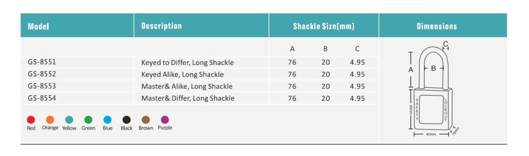 GS-8552 Long Shackle Safety Padlock, 76mm Metal Schackl Safety Padlock, High Quality Safety Padlock