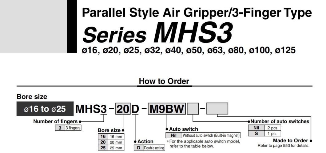 Mhs4-16/20/25/32/40/50/63/80/100/125/D Pneumatic Air Gripper, Mhs4 Series Pneumatic Parallel Type Air Gripper Cylinder, Mhs2-16air Chuck