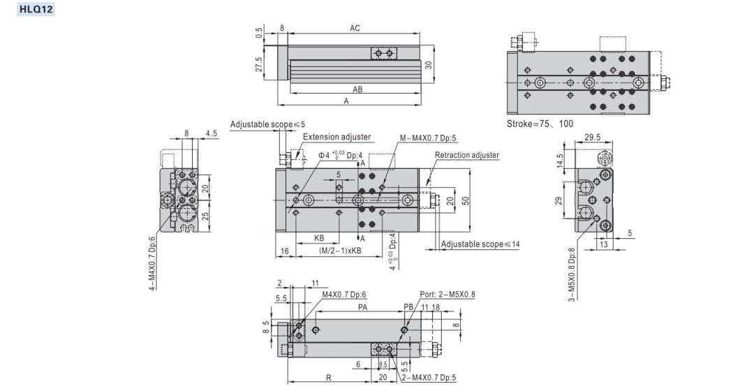 Hlq12-10/20/30/40/50/75/100 Stroke Air Slide Table, Hlq Series Alluminum Alloy Air Slide Tabe Cylinder, Pneumatic Slide Table Cylinder