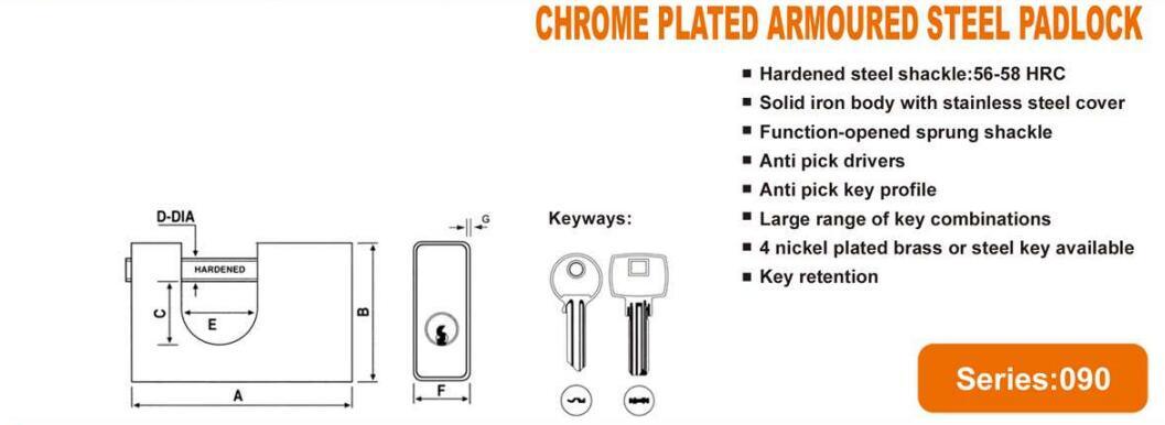 GS0090 Chrome Plated Armoured Steel Padlock, High Quality Stainless Steel Padlock, ISO9001 Passed Stainless Steel Padlock, Chrome Plated Iron Padlock