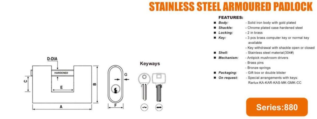 GS0880 Chrome Plated Armoured Steel Padlock, High Quality Stainless Stainless Steel Padlock, ISO9001 Passed Stainless Steel Padlock, Chrome Plated Iron Padlock