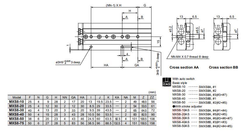 Mxs8-10/20/30/40/50 Stroke Air Slide Table, Mxsseries Alluminum Alloy Air Slide Tabe Cylinder, Pneumatic Slide Table Cylinder