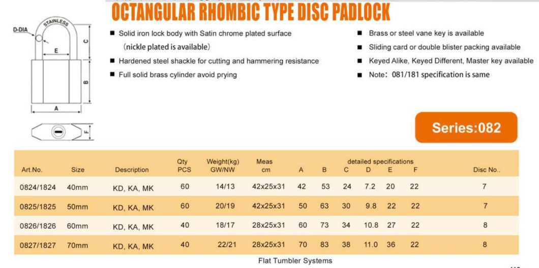 GS0082 Octangular Rhombic Shackle Protected Disc Iron Padlock, High Quality Iron Padlock, ISO9001 Passed Iron Padlock, Disc Iron Padlock