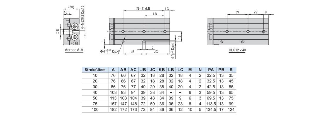 Hlq12-10/20/30/40/50/75/100 Stroke Air Slide Table, Hlq Series Alluminum Alloy Air Slide Tabe Cylinder, Pneumatic Slide Table Cylinder