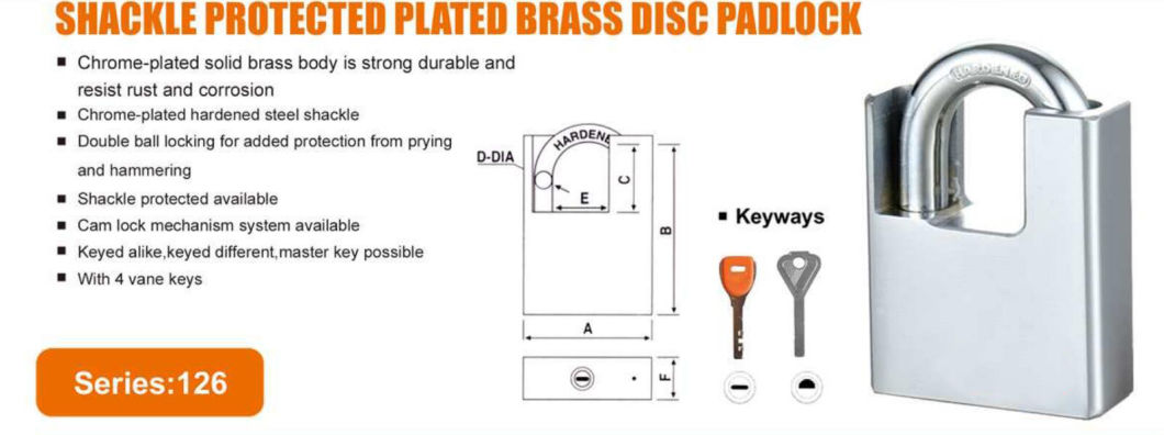 GS0126 Shackle Protected Plated Brass Disc Padlock, High Quality Brass Padlock, ISO9001 Passed Brass Padlock, Top Security Brass Padlock