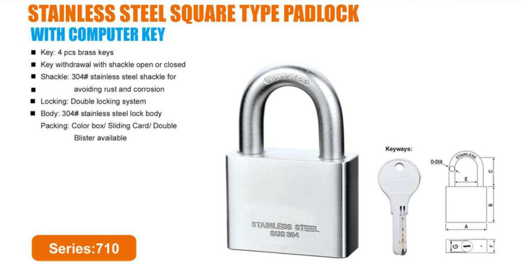 GS0710 Square Type Steel Padlock with Computer Key, High Quality Stainless Stainless Steel Padlock, ISO9001 Passed Stainless Steel Padlock