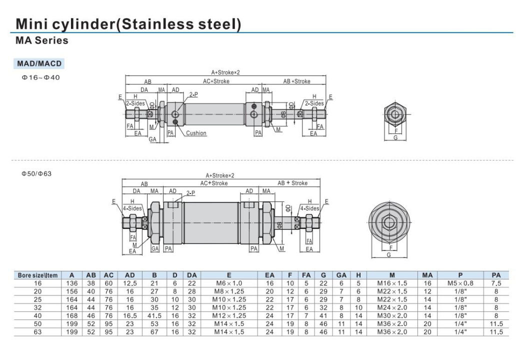 Ma20-25/50/75/100/125/150/175/200/300 Stainless Steel Mini Cylinder, Pneumatic Mini Cylinder