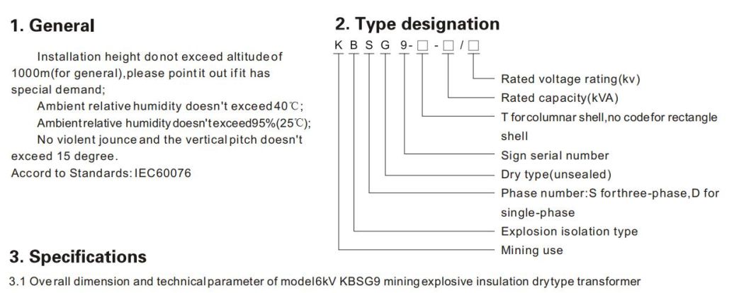 Kbsg9 Mining Explosion Isolation Dry Transformer, ISO9001 Passed High Voltage Power Transformer