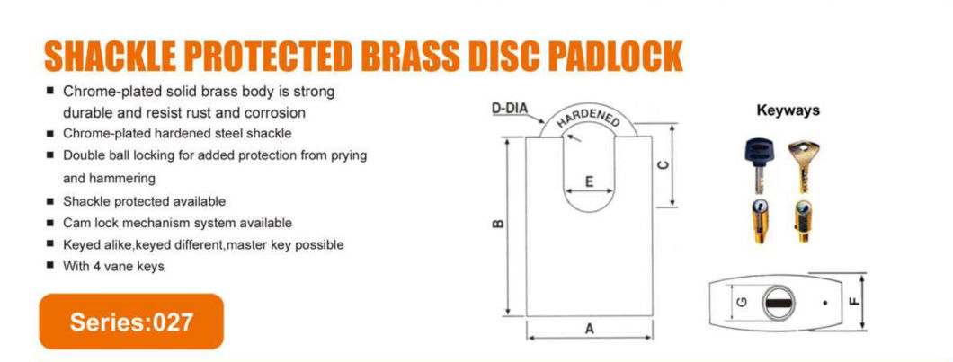 GS0027 Shackle Protected Brass Disc Padlock, High Quality Brass Padlock, Top Security Brass Padlock, ISO9001 Passed Brass Padlock, Disc Brass Padlock