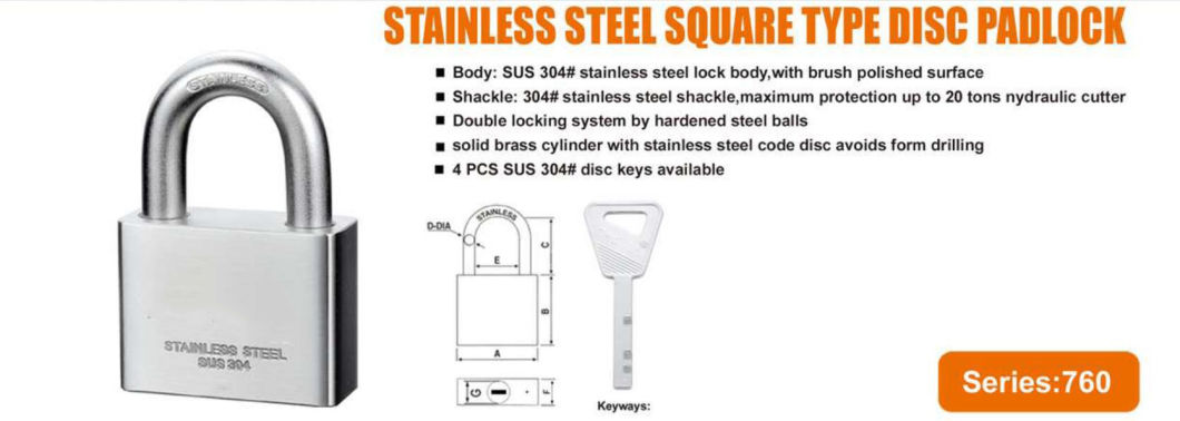 GS0760 Square Type Stainless Steel Disc Padlock, High Quality Stainless Stainless Steel Disc Padlock, ISO9001 Passed Stainless Steel Padlock