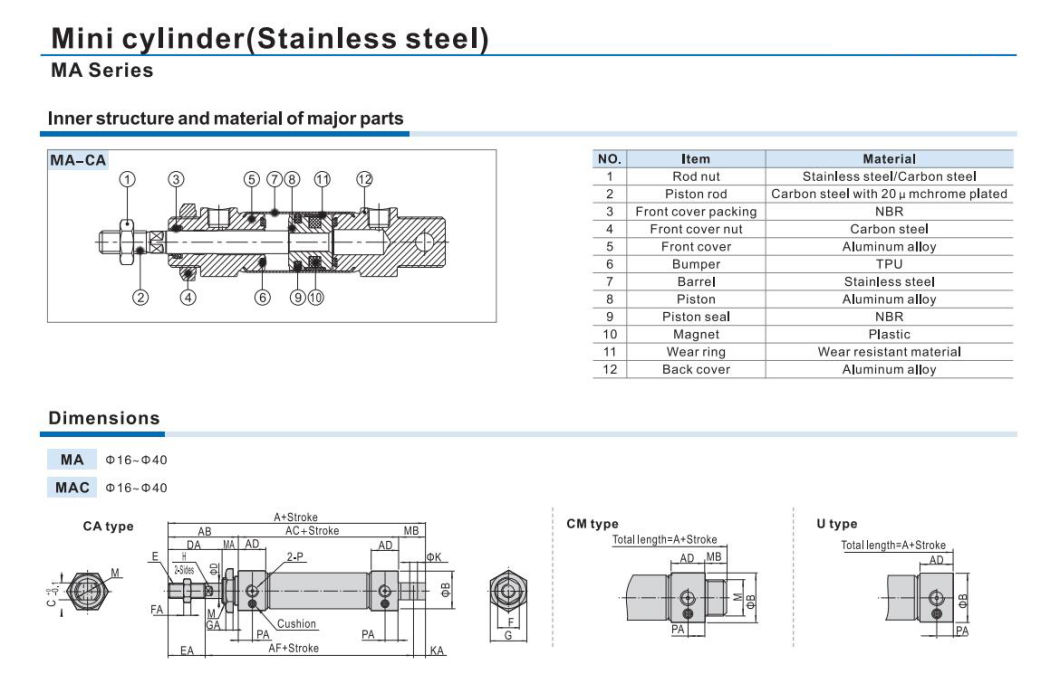 Ma32-25/50/75/100/125/150/175/200/300 Stainless Steel Mini Cylinder, Pneumatic Mini Cylinder
