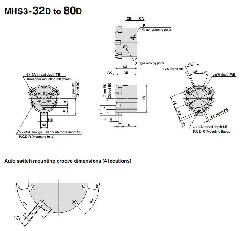 Mhs3-16/20/25/32/40/50/63/80/100/125/D Pneumatic Air Gripper, Mhs3 Series Pneumatic Parallel Type Air Gripper Cylinder, Mhs2-16air Chuck