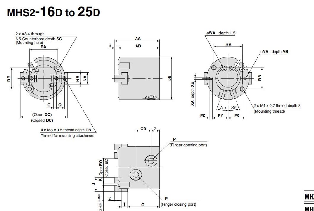 Mhs2-16/20/25/32/40/50/63/80/100/125/D Pneumatic Air Gripper, Mhs2 Series Pneumatic Parallel Type Air Gripper Cylinder, Mhs2-16air Chuck
