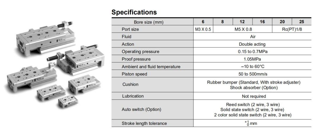 Mxs20-10/20/30/40/50/75/100/125/150 Stroke Air Slide Table, Mxsseries Alluminum Alloy Air Slide Tabe Cylinder, Pneumatic Slide Table Cylinder