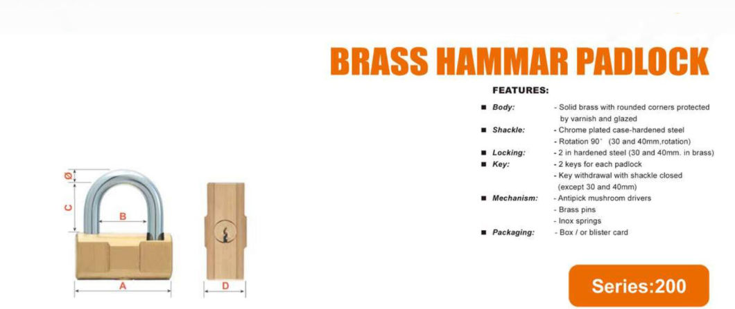 GS0200 Brass Hammar Padlock, High Quality Brass Padlock, Top Security Brass Padlock, ISO9001 Passed Brass Padlock, Hammar Brass Padlock