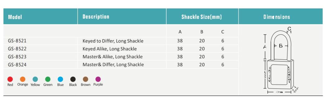 GS-8521 Metal Shackle Safety Padlock, 38mm Metal Schackl Safety Padlock, High Quality Safety Padlock