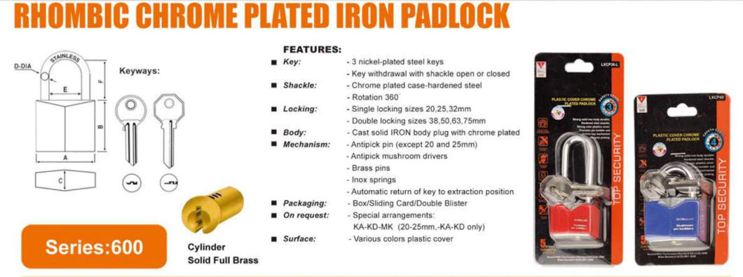 GS0600 Rhombic Chrome Plated Iron Padlock, High Quality Iron Padlock, ISO9001 Passed Iron Padlock, Side Opening Iron Padlock