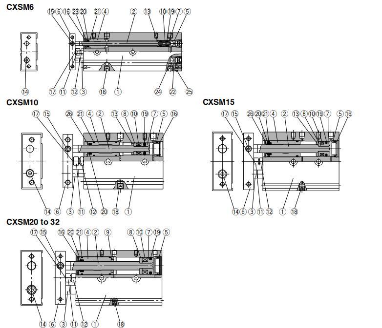 Cxsm32-10/20/30/40/50/60/70/75/100/125/150/175/200/250/300 Stroke Dual Rod Cylinder, Compact, Slide Bearing, Cxsjm Compact Cylinder, Pneumatic Compact Cylinder