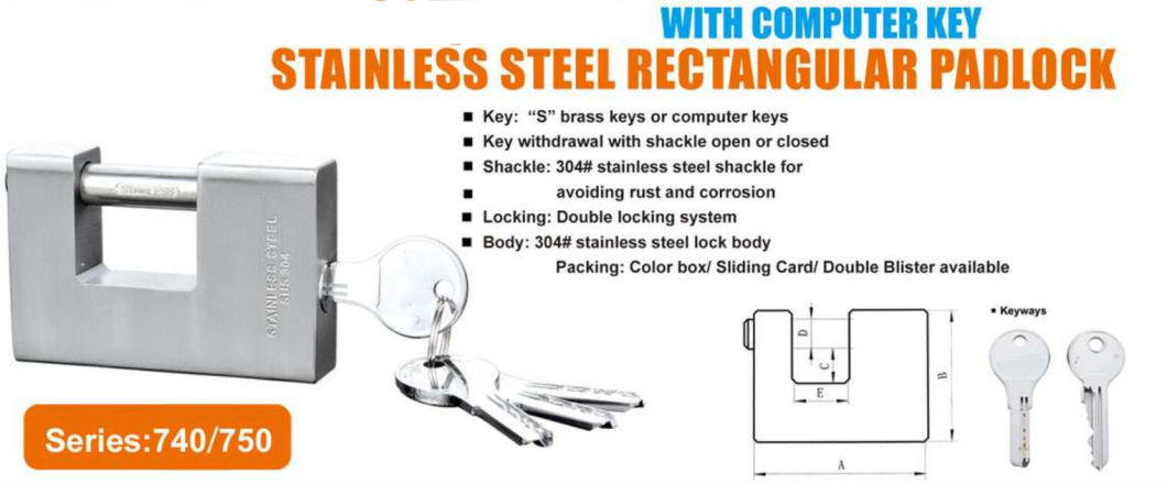 GS0740 Rectangular Stainless Steel Padlock, High Quality Stainless Stainless Steel Padlock, ISO9001 Passed Stainless Steel Padlock with Computer Key