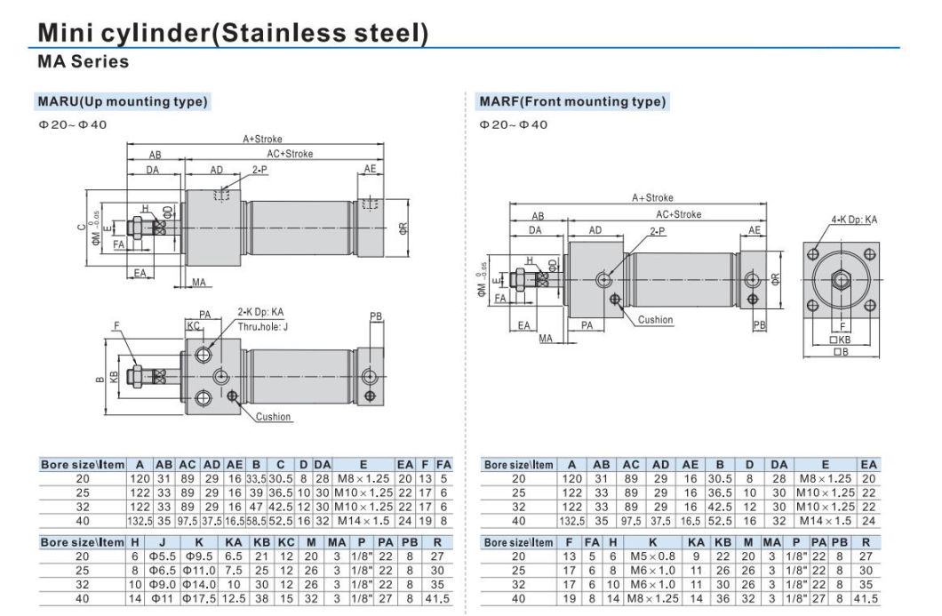 Ma20-25/50/75/100/125/150/175/200/300 Stainless Steel Mini Cylinder, Pneumatic Mini Cylinder